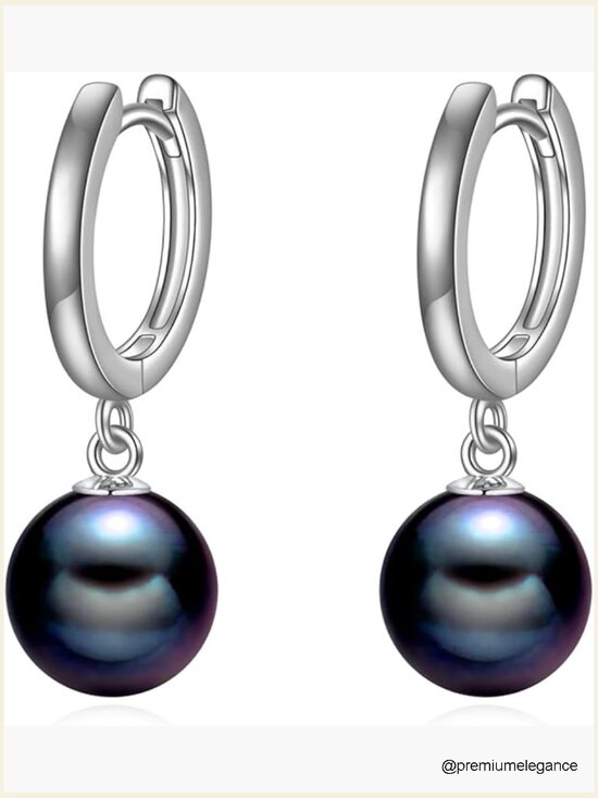 925 Sterling Silver Black Pearl Hoop Dangle Drop Earrings for Women